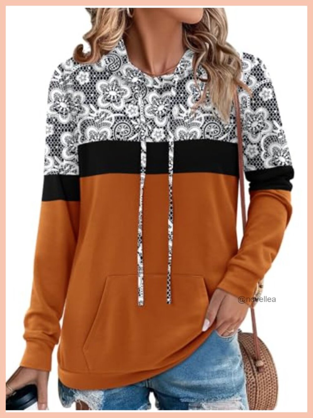 Women's Long Sleeve Hoodie Pullover Sweatshirt Color Block Kangaroo Pocket